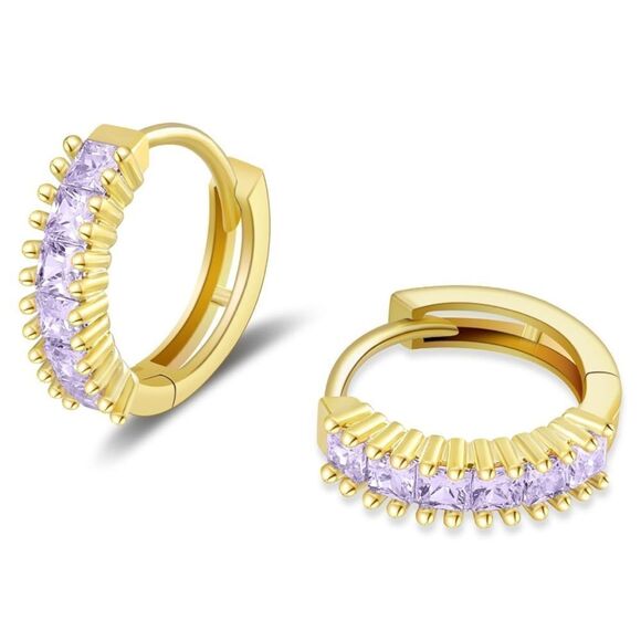 14K Yellow Gold with Purple Amethyst Cubic Zirconia Princess Cut Huggie Earrings - Picture 1 of 6